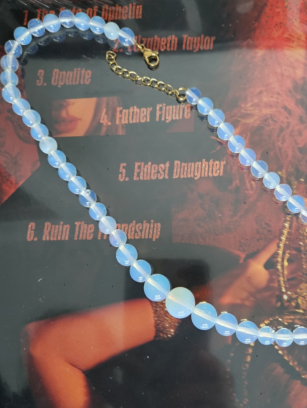 Opalite Beaded Necklace with Gold Chain Accent - Milky Blue White Opalescent